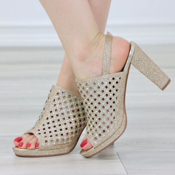 Sparkly Rhinestone Glitter Champagne Platform High Heels Open Toe Party Shoes - Picture 14 of 14